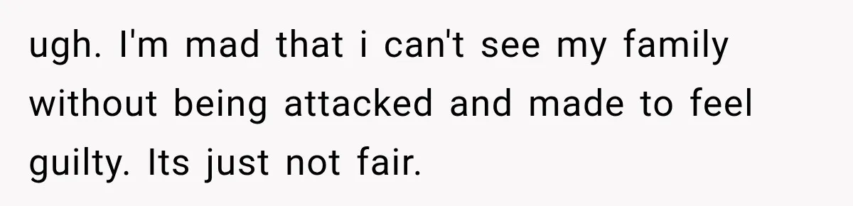 ugh. I'm mad that i can't see my family without being attacked and made to feel guilty. Its just not fair.