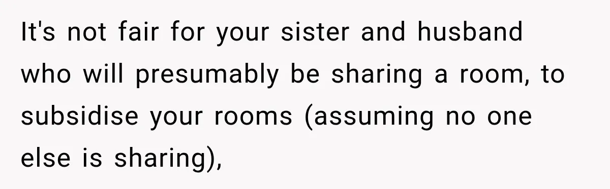 It's not fair for your sister and husband who will presumably be sharing a room, to subsidise your rooms (assuming no one else is sharing),