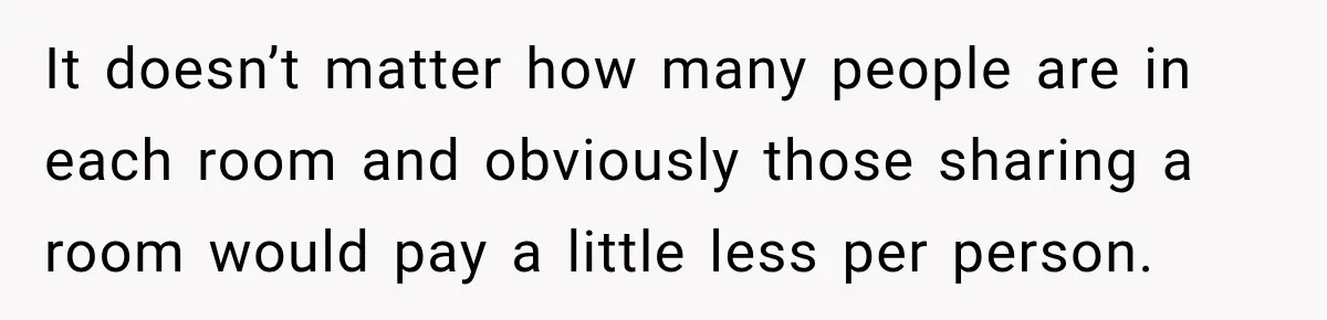 It doesn’t matter how many people are in each room and obviously those sharing a room would pay a little less per person.
