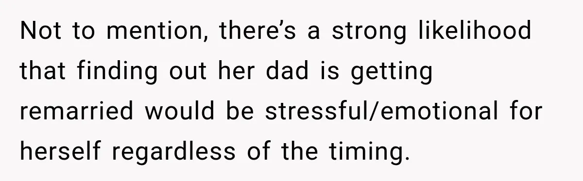 Bride Misses Her Honeymoon Flight, Then Walks Into a Family Brunch Where Her Dad Announces His Secret Marriage Not to mention, there’s a strong likelihood that finding out her dad is getting remarried would be stressful/emotional for herself regardless of the timing.