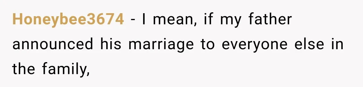 Bride Misses Her Honeymoon Flight, Then Walks Into a Family Brunch Where Her Dad Announces His Secret Marriage Honeybee3674 − I mean, if my father announced his marriage to everyone else in the family,