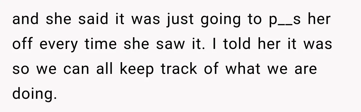 and she said it was just going to p__s her off every time she saw it. I told her it was so we can all keep track of what we...