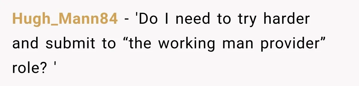 Hugh_Mann84 − 'Do I need to try harder and submit to “the working man provider” role? '