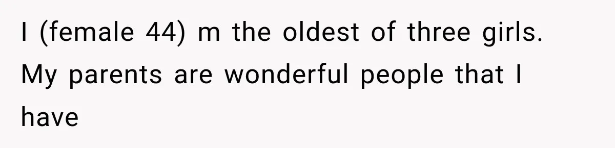 I (female 44) m the oldest of three girls. My parents are wonderful people that I have