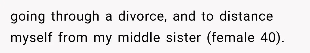 going through a divorce, and to distance myself from my middle sister (female 40).