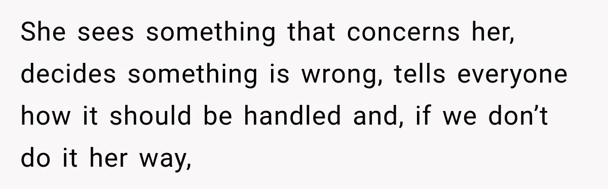 She sees something that concerns her, decides something is wrong, tells everyone how it should be handled and, if we don’t do it her way,