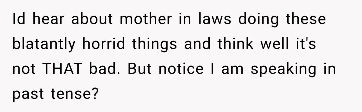 Id hear about mother in laws doing these blatantly horrid things and think well it's not THAT bad. But notice I am speaking in past tense?