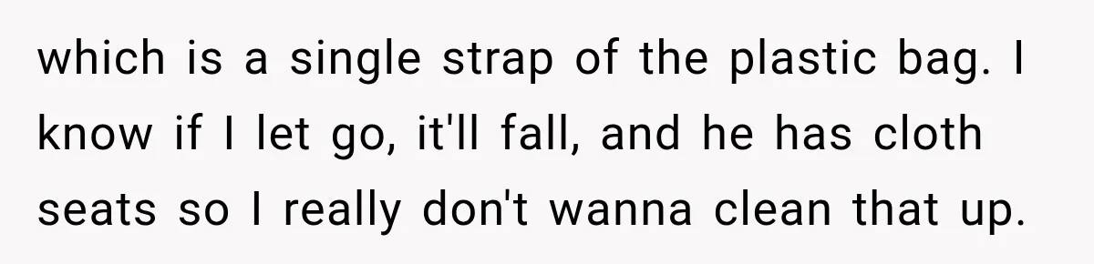 Bride-To-Be Says Her Fiancé's Constant Slipups Are Draining Her Trust Before The Wedding which is a single strap of the plastic bag. I know if I let go, it'll fall, and he has cloth seats so I really don't wanna clean that up.