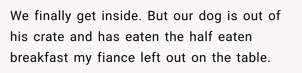 Bride-To-Be Says Her Fiancé's Constant Slipups Are Draining Her Trust Before The Wedding We finally get inside. But our dog is out of his crate and has eaten the half eaten breakfast my fiance left out on the table.