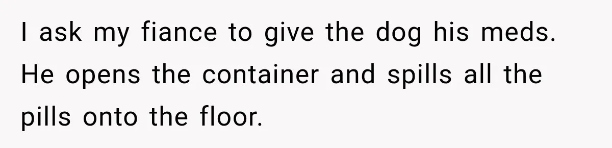 Bride-To-Be Says Her Fiancé's Constant Slipups Are Draining Her Trust Before The Wedding I ask my fiance to give the dog his meds. He opens the container and spills all the pills onto the floor.