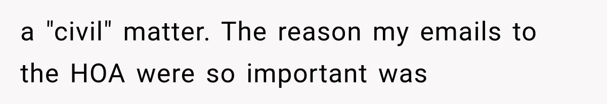 Woman Lets Best Friend Sleep Beside Her After His Cot Breaks, Then Starts Questioning Their Entire Friendship a "civil" matter. The reason my emails to the HOA were so important was