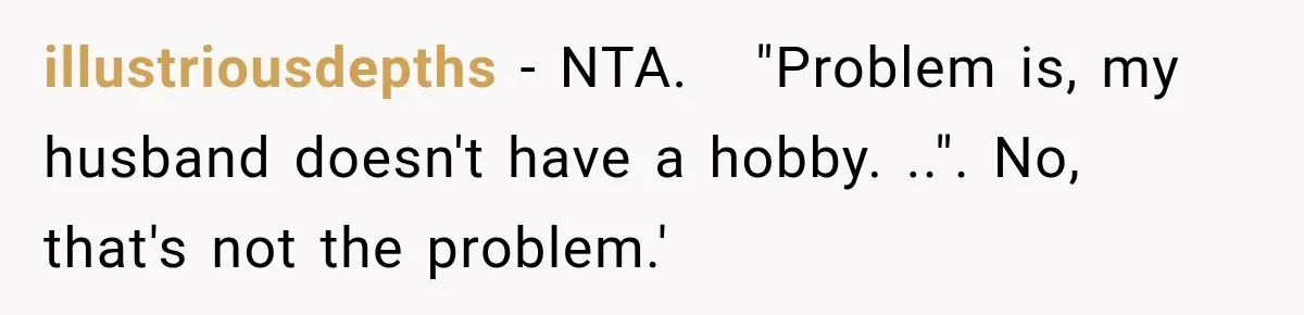 illustriousdepths − NTA.   "Problem is, my husband doesn't have a hobby. ..". No, that's not the problem.'