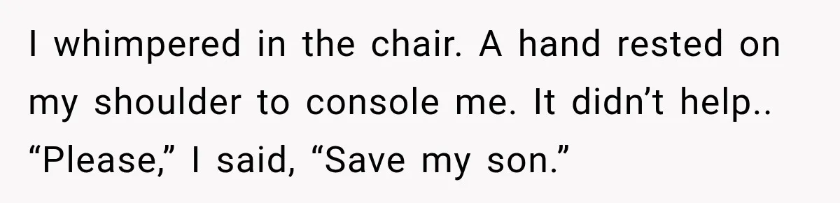 I whimpered in the chair. A hand rested on my shoulder to console me. It didn’t help.. “Please,” I said, “Save my son.”