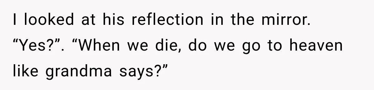 I looked at his reflection in the mirror. “Yes?”. “When we die, do we go to heaven like grandma says?”