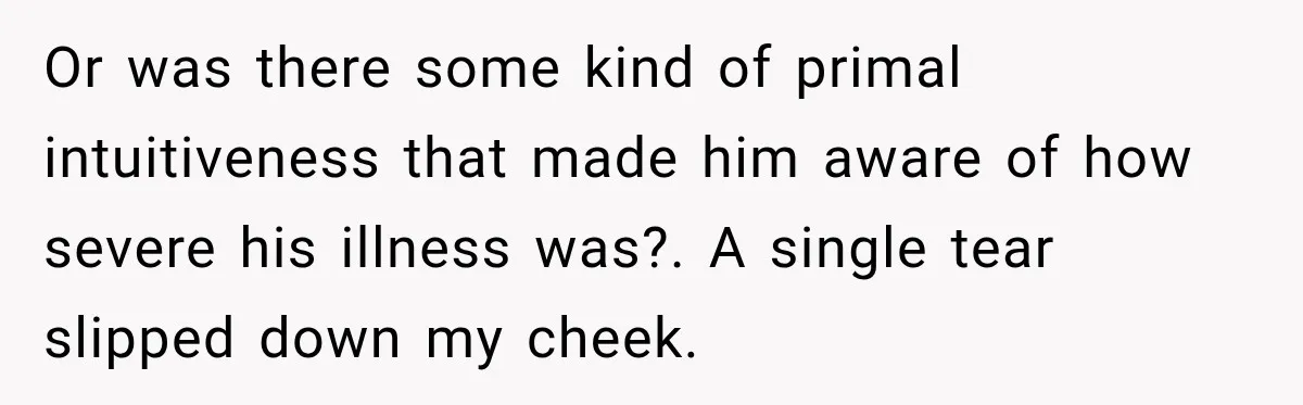 Or was there some kind of primal intuitiveness that made him aware of how severe his illness was?. A single tear slipped down my cheek.