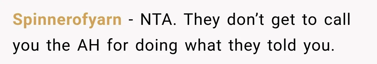 Spinnerofyarn − NTA. They don’t get to call you the AH for doing what they told you.