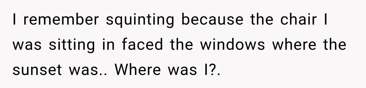 I remember squinting because the chair I was sitting in faced the windows where the sunset was.. Where was I?.