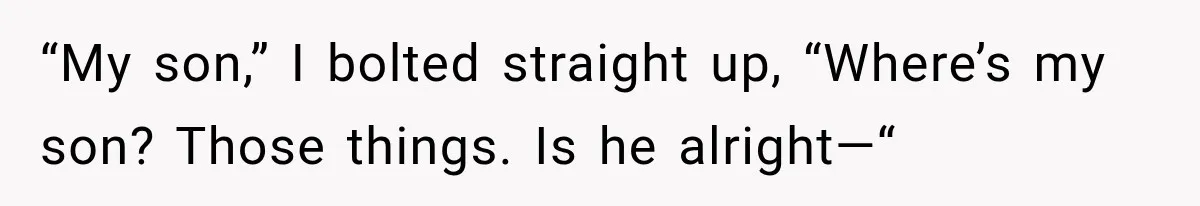 “My son,” I bolted straight up, “Where’s my son? Those things. Is he alright—“