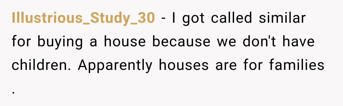 Illustrious_Study_30 − I got called similar for buying a house because we don't have children. Apparently houses are for families .