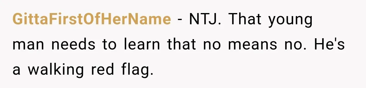 GittaFirstOfHerName − NTJ. That young man needs to learn that no means no. He's a walking red flag.