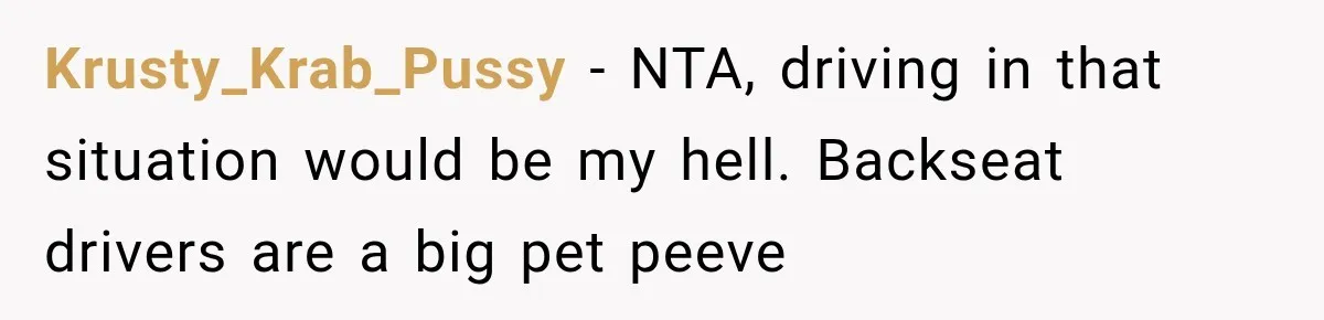 Krusty_Krab_Pussy − NTA, driving in that situation would be my hell. Backseat drivers are a big pet peeve