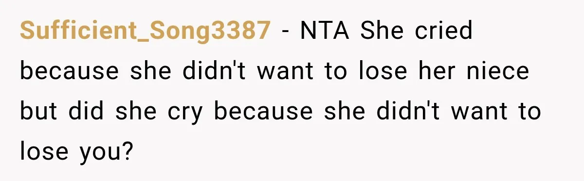 Sufficient_Song3387 − NTA She cried because she didn't want to lose her niece but did she cry because she didn't want to lose you?