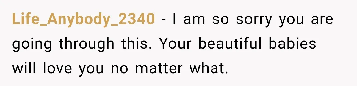 Life_Anybody_2340 − I am so sorry you are going through this. Your beautiful babies will love you no matter what.