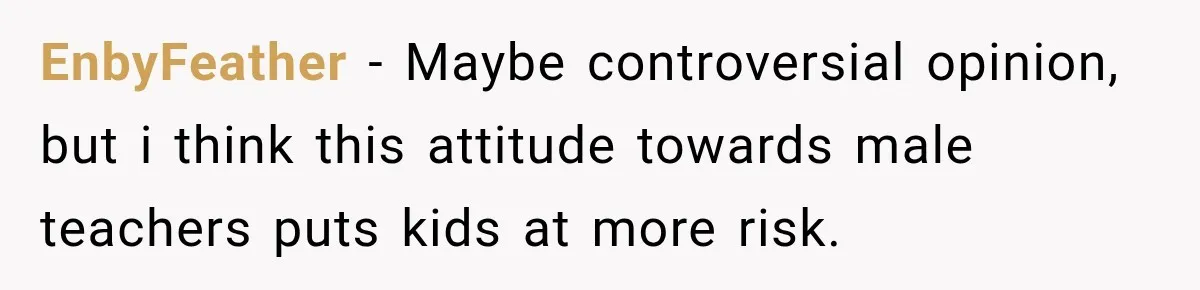 EnbyFeather − Maybe controversial opinion, but i think this attitude towards male teachers puts kids at more risk.