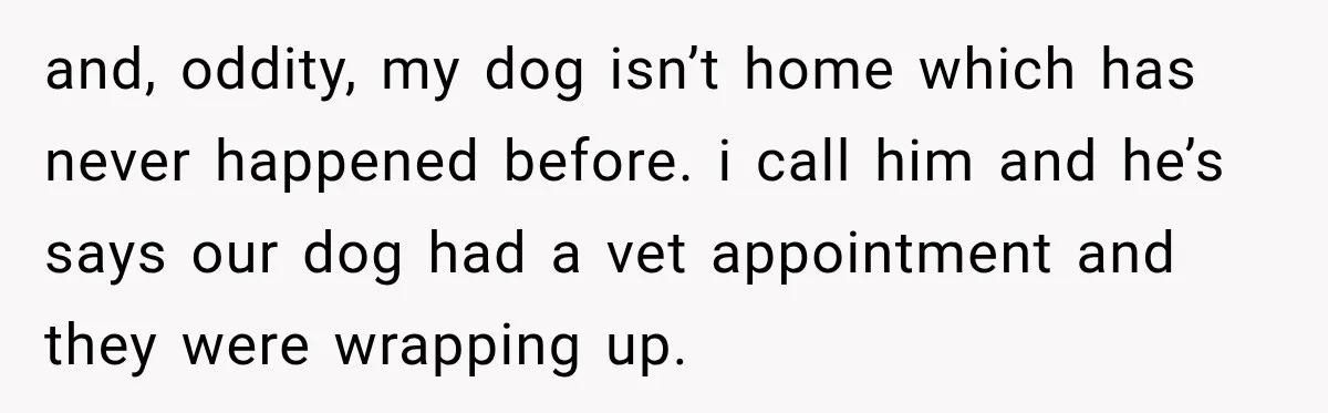 and, oddity, my dog isn’t home which has never happened before. i call him and he’s says our dog had a vet appointment and they were wrapping up.