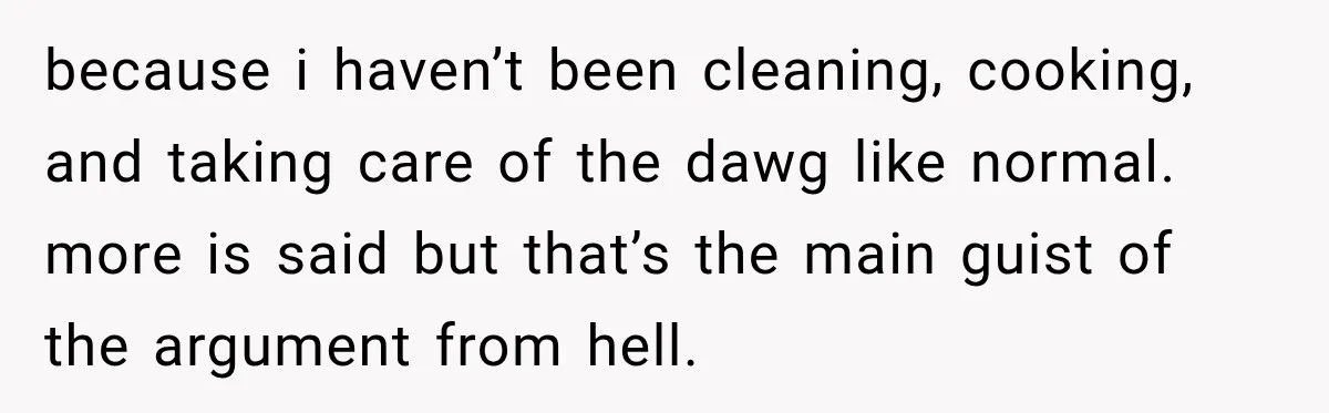 because i haven’t been cleaning, cooking, and taking care of the dawg like normal. more is said but that’s the main guist of the argument from hell.