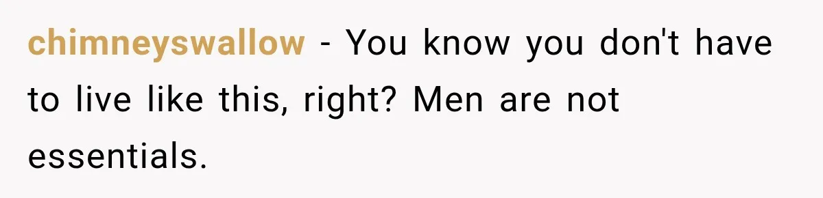 chimneyswallow − You know you don't have to live like this, right? Men are not essentials.