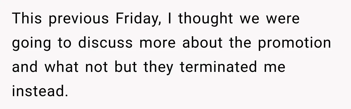 This previous Friday, I thought we were going to discuss more about the promotion and what not but they terminated me instead.