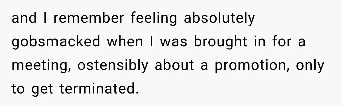 and I remember feeling absolutely gobsmacked when I was brought in for a meeting, ostensibly about a promotion, only to get terminated.