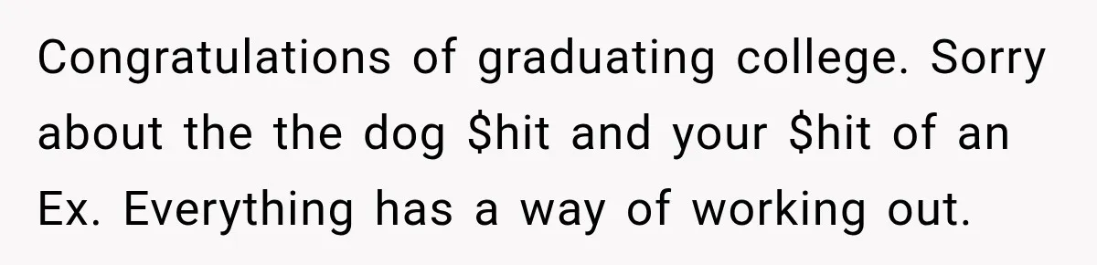 Congratulations of graduating college. Sorry about the the dog $hit and your $hit of an Ex. Everything has a way of working out.