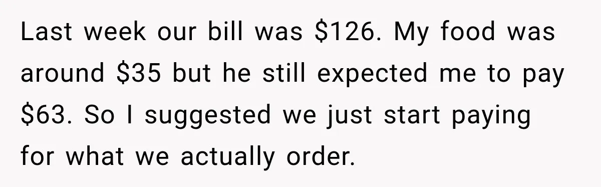 Boyfriend Insists on Splitting Restaurant Bills 50/50, Even Though He Orders Twice as Much as His Girlfriend Last week our bill was $126. My food was around $35 but he still expected me to pay $63. So I suggested we just start paying for what we actually...