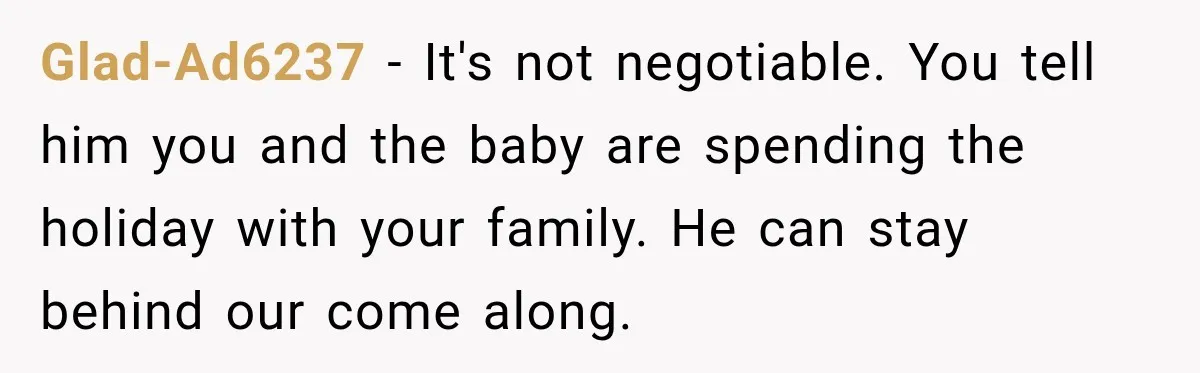 Pregnant Woman Spends Hours Cooking Thanksgiving Dinner, Only to Discover Her In-Laws Ate Without Her Glad-Ad6237 − It's not negotiable. You tell him you and the baby are spending the holiday with your family. He can stay behind our come along.